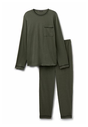 Koszula z długim rękawem w oliwkowym kolorze z kieszenią na piersi, w komplecie z pasującymi joggerami. Miękki materiał, elastyczny pas i kontrastowe obszycie przy mankietach.