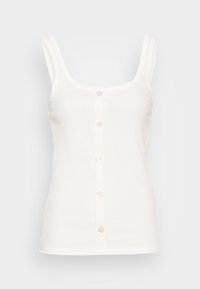 Top in cotone bianco a costine con scollatura rotonda e patta di bottoni frontale a quattro bottoni. Realizzato in un tessuto morbido con spalline sottili e un design aderente.