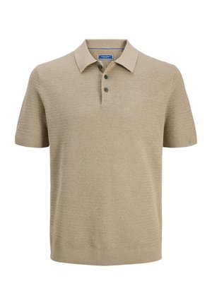 Bež kratka majica polo s kratkim rukavima, pletena, s tri gumba i rebrastim ovratnikom i rubom.