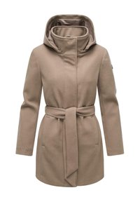 Beige wool coat featuring a high collar, a belt at the waist, and two side pockets. Smooth texture with a minimal design.