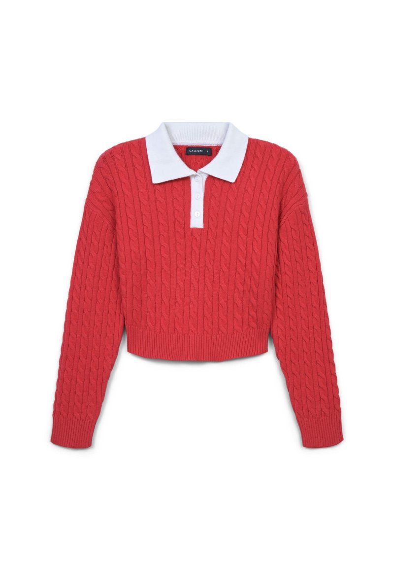 Roter, kabelstrickbesetzter, kürzer geschnittener Pullover mit einem weißen Polo-Kragen und geripptem Saum. Lange Ärmel weisen ein strukturiertes Muster über das Kleidungsstück auf.