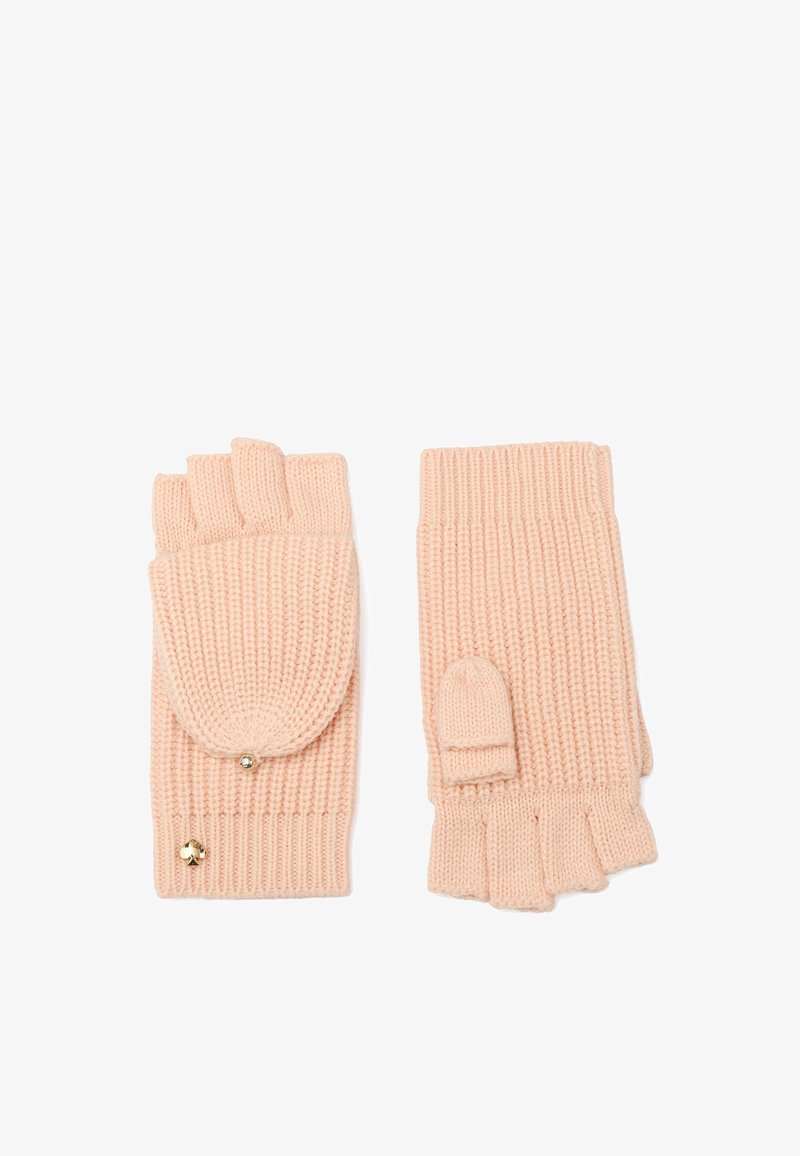 Fingerless gloves in soft pink knit with ribbed texture. Left glove features a fold-over flap and decorative button; right has a thumb cap.