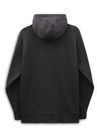 Felpa nera con cappuccio, dal tocco morbido, con tasca a marsupio e polsini a costine. La vista posteriore presenta una dettagliata minimale e senza stampe.