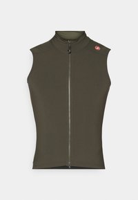Mouwloos fietsvest in donkergroen, met een hoge kraag en volledige rits aan de voorkant. Glad, lichtgewicht materiaal met een aansluitende pasvorm.