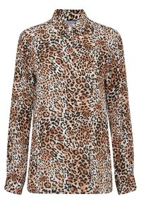 Camicia con stampa leopardata caratterizzata da maniche lunghe, colletto e chiusura con bottoni. Realizzata in tessuto morbido con tonalità di marrone, nero e crema.