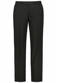 Zwarte dresspants van gladde stof, met een rechte pijp, enkel voorste knoopsluiting en riemlussen voor een verstelbare pasvorm.