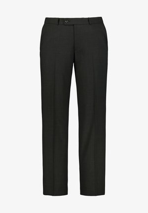 Černé kalhoty z hladké látky, s rovnými nohavicemi, s jedním předním zapínáním na knoflík a pásky na opasek pro nastavitelný fit.