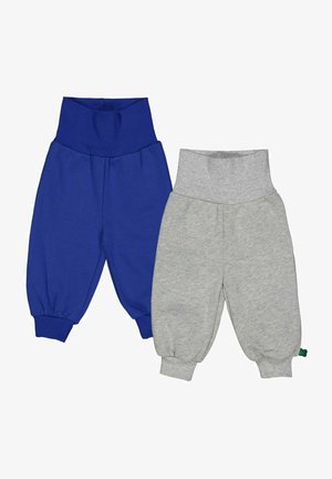 To sæt af toddlerbukser: et i lys blå bomuld med ribkant i taljen, og et i lys grå bomuld med elastiske ribkanter og talje.