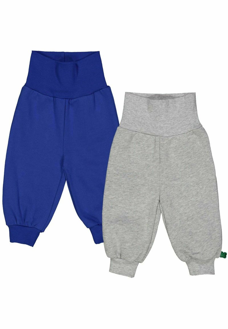 Due paia di pantaloni per bambini: uno in cotone blu brillante con vita a costine e l'altro in cotone grigio chiaro con polsini e vita elastici.