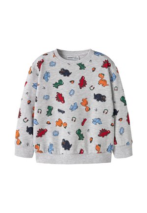 Sweat-shirt gris clair pour enfants avec des dinosaures dessinés colorés, des skateboards, des écouteurs et des motifs de texte "cool".