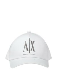 Gorra de béisbol blanca con un notable logotipo gris "A/X" y el texto "ARMANI EXCHANGE" debajo, con un diseño estructurado y una tela suave.