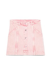 Gonna a campana in denim rosa pallido, con bottoni frontali, due tasche inclinate e dettagli cuciti lungo le cuciture e la vita.