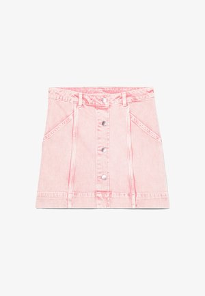 Denim A-lijn rok in zachtroze, met voorknopen, twee schuine zakken en gestikte details langs de naden en de tailleband.