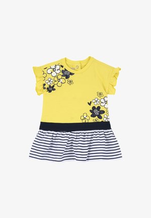 Gul kortærmet kjole til småbørn med sort og hvidt blomsterprint, rynkede ærmer og en navystribet nederdragskant.