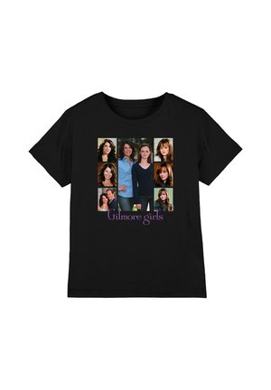 Black t-shirt featuring a grid of female characters from Gilmore Girls and the show title printed below in purple.