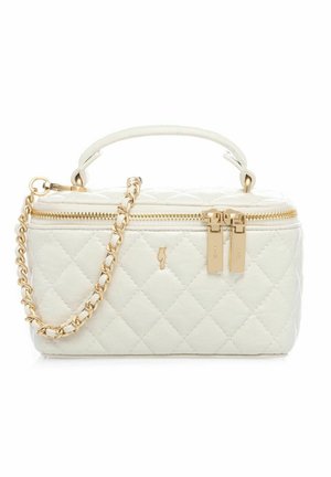 Biała pikowana torebka z złotym zamkiem błyskawicznym, podwójnymi suwakami, złotym łańcuszkiem oraz górnym uchwytem.