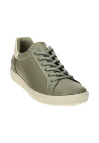 Green leather sneaker with a textured finish, rounded toe, and matching lace-up design. Features a light-colored sole and heel accent.