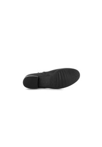 Suela de zapato negra con goma texturizada, que presenta un diseño de ranuras y secciones planas para mayor agarre. Bordes suaves y sutiles marcas visibles.