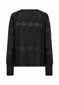 Black lace top featuring a diamond pattern, long sleeves, and a round neckline. The fabric has a sheer texture with openwork details.