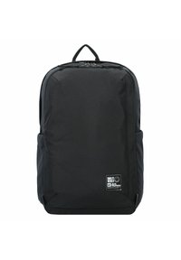Zaino nero realizzato in tessuto resistente, caratterizzato da un design minimalista, due tasche laterali e un'etichetta con logo nell'angolo in basso a destra.