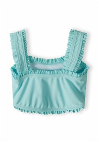 Top corto di un azzurro chiaro con spalline arricciate, bordi testurizzati e una finitura liscia. Progettato con un materiale aderente e elasticizzato.