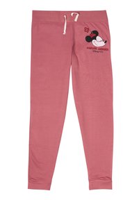Pantaloni da yoga in cotone rosa con elastico in vita, dotati di una stampa di Minnie Mouse sulla coscia sinistra e polsini aderenti.