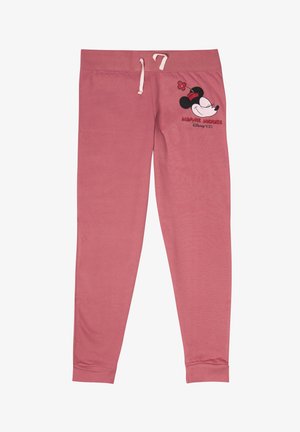 Pink cotton sweatpants with a drawstring waist, featuring a printed Minnie Mouse design on the left thigh and fitted cuffs.