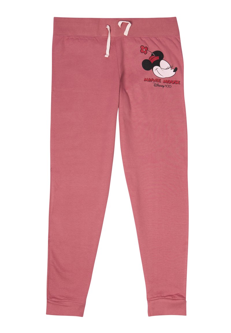 Pantaloni da yoga in cotone rosa con elastico in vita, dotati di una stampa di Minnie Mouse sulla coscia sinistra e polsini aderenti.
