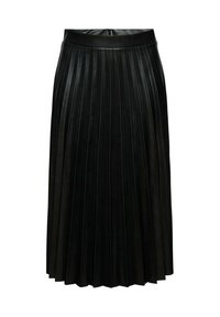 Jupe midi plissée noire avec une ceinture ajustée, fabriquée en simili cuir.