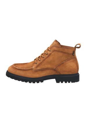 Brown suede ankle boot with black rugged sole, lace-up front, and pull tab at the heel, shown from the side on a white background.