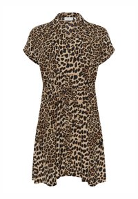 Robe en imprimé animal beige et noir, avec un col, des manches courtes, une taille nouée et un devant à boutons. Tissu doux et fluide.