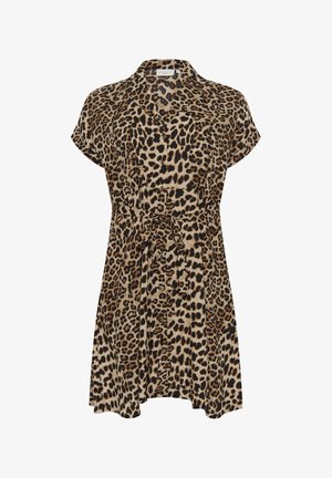 Dabīgās dzīvnieku raksta kleita beidž un melnā krāsā, ar apkakli, īsām piedurknēm, sasietu jostasvietu un pogu apdari. Mīksta, plūstoša auduma.