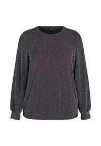 Črno-bela herringbone vzorec pulover s dolgimi rokavi, okroglim ovratnikom in elastičnimi manšetami, izdelan iz teksturirane pletenine.