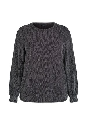 Črno-bela herringbone vzorec pulover s dolgimi rokavi, okroglim ovratnikom in elastičnimi manšetami, izdelan iz teksturirane pletenine.