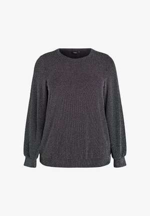 Svetr s dlouhým rukávem v černobílé herringbone vzoru, s kulatým výstřihem a elastickými manžetami, vyrobený z texturované pleteniny.