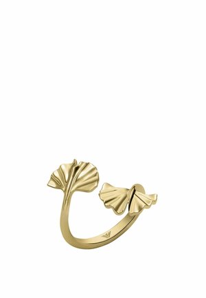 Anello in tono oro con due design di foglie di ginkgo, finitura lucida, banda di forma liscia e dettagli intricati delle foglie.