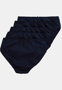 Námornícke modré bikiny s hladkou textíliou, s naťahovacím pásom a klasickým strihom, vystavené v päťvrstvovom stohu.