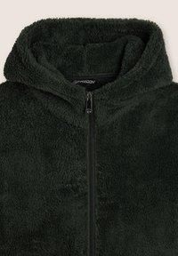 Felpa con cappuccio di velluto verde scuro, caratterizzata da una chiusura con zip, una texture morbida e un colletto alto. L'interno è morbido, aumentando comfort e calore.