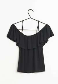 Top nero off-the-shoulder appeso a un gancio, con maniche voluminose, un corpino aderente e spalline sottili regolabili. Tessuto a trama liscia.