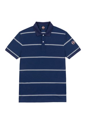 Navyblauw poloshirt met witte horizontale strepen, twee knopen aan de voorkant, korte mouwen en een ronde merkembleem patch op de linker mouw.