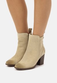 Stivaletti alla caviglia in suede beige con punta appuntita e tacco a blocco di 7 cm. Presentano una cerniera laterale e un tassello per un facile indossamento.