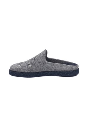 Gray felt slipper with a soft texture, open back design, and navy blue sole. Features subtle embroidered accents on the upper.
