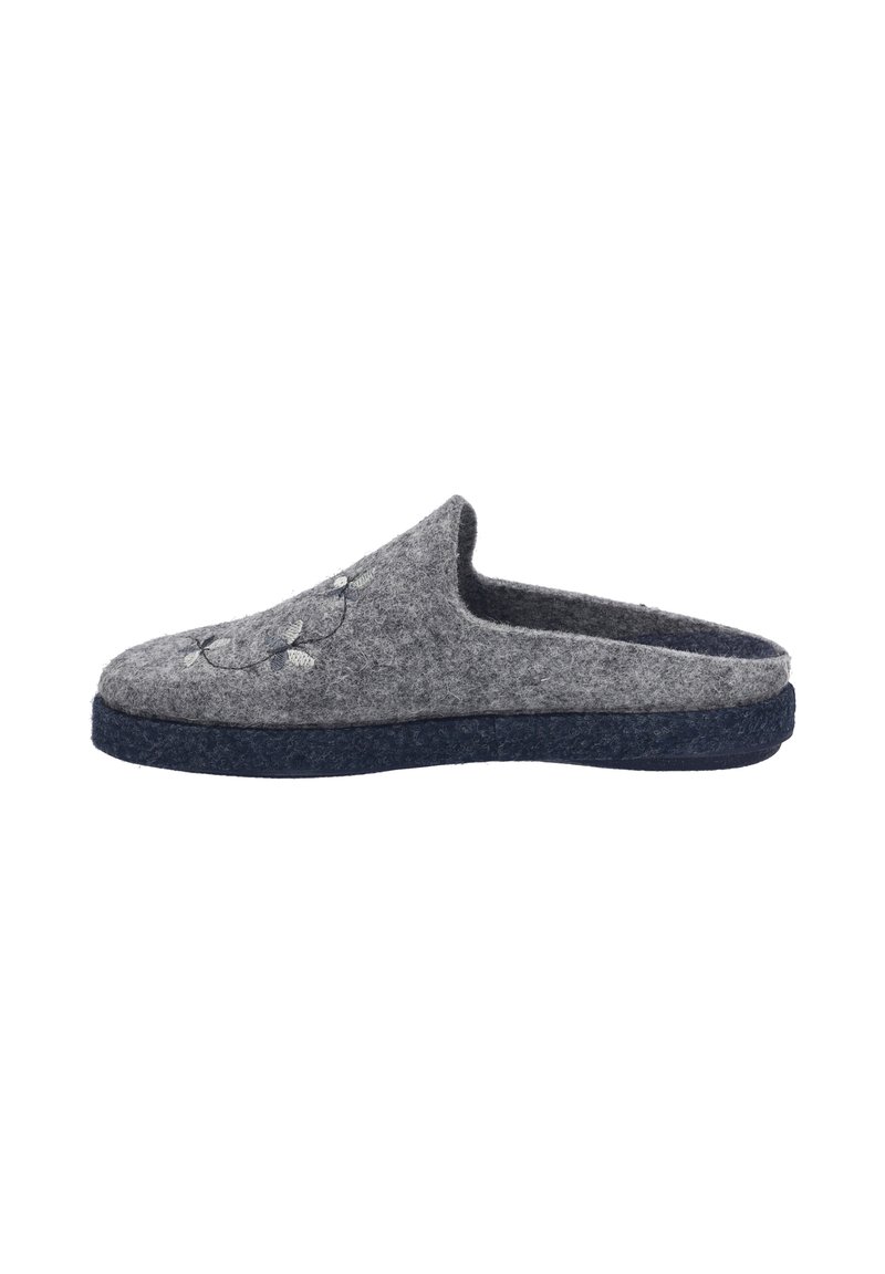 Chausson gris en feutre avec une texture douce, avec un design à l'arrière ouvert et une semelle bleu marine. Présente des accents brodés subtils sur le dessus.