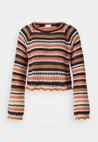 Maglione corto lavorato a maglia con righe multicolori in blu navy, arancione, crema e ruggine. Presenta orli a scallop e un design con collo rotondo.