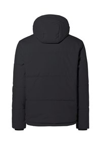 Zwarte pufferjack met een capuchon, voorzien van een gestikte ontwerp, een gladde textuur en elastieken manchetten. De achterkant toont geen zichtbare merknaam of details.