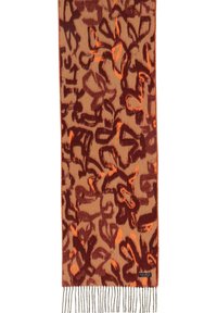Sciarpa di lana con base marrone, decorata con motivi astratti nei toni del rosso scuro e dell'arancione, completata da frange lungo il bordo inferiore.