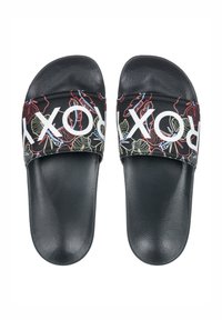 Sandales noires à glissière avec une semelle texturée et une large sangle décorée d'un motif floral et du mot "ROXY" en lettres blanches en gras.