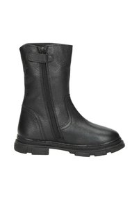 Zwarte leren enkelboot met een gestructureerde afwerking, zijrits, stevige rubberen zool en een gladde teenontwerp. Casual stijl die geschikt is voor verschillende outfits.