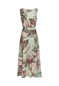 Floral-printed midi dress featuring leaf patterns in green, pink, and brown. Sleek material with a fitted waist and a relaxed skirt silhouette.