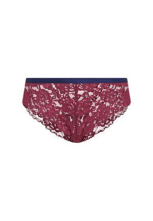 Burgunderrote Spitzen-Bikini-Höschen mit gewelltem Saum und einem marineblauen Satinbund, der über das gesamte Gewebe mit Blumenmustern verfügt.